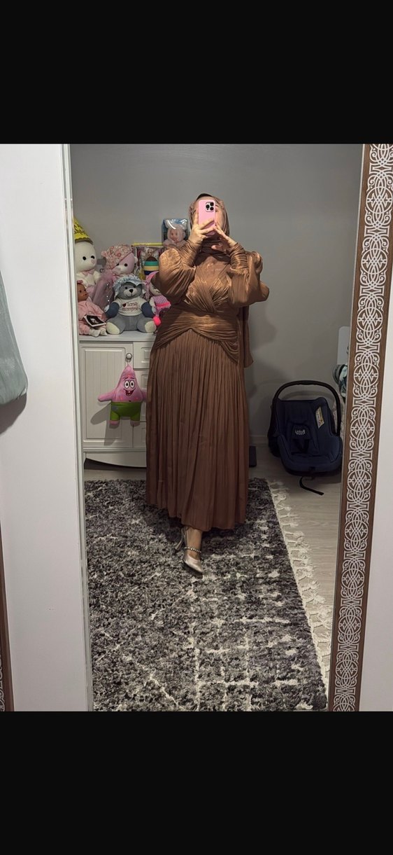 Kahverengi Drapeli Uzun Kollu Kadın Abiye Elbise - Görsel 4