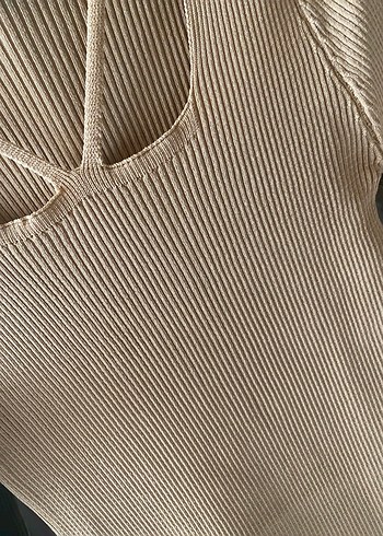 Bej V Yaka Uzun Kollu Triko Elbise - Görsel 3