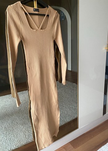 Bej V Yaka Uzun Kollu Triko Elbise - Görsel 4