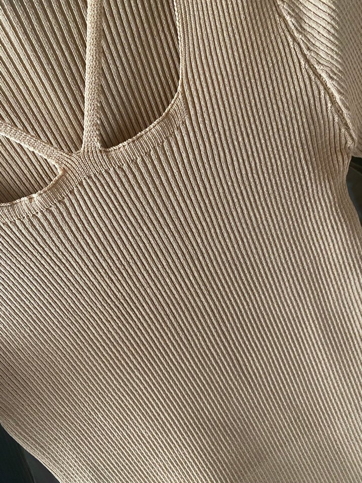 Bej V Yaka Uzun Kollu Triko Elbise - Görsel 3