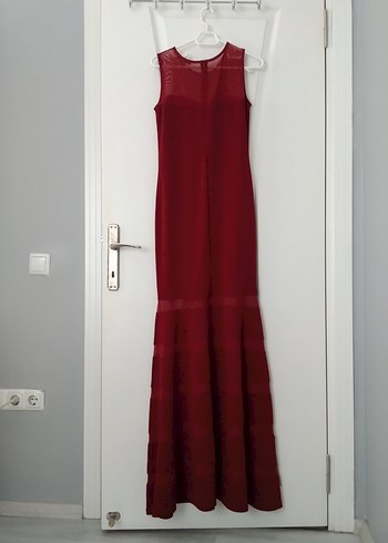38 Beden bordo Renk Bordo Uzun Drapeli Abiye Elbise