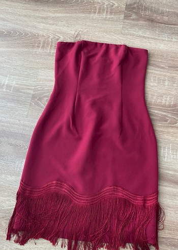 Bordo Deri Püsküllü Straplez Mini Elbise - Görsel 3