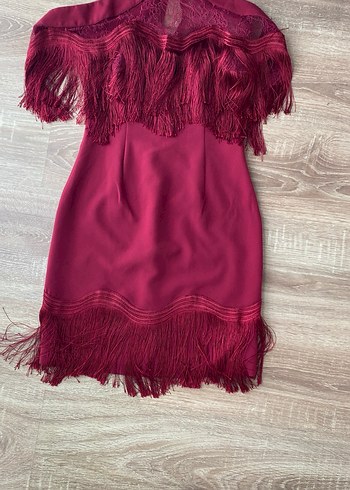 Bordo Deri Püsküllü Straplez Mini Elbise - Görsel 2