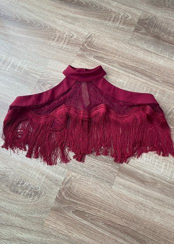 Bordo Deri Püsküllü Straplez Mini Elbise - Görsel 4