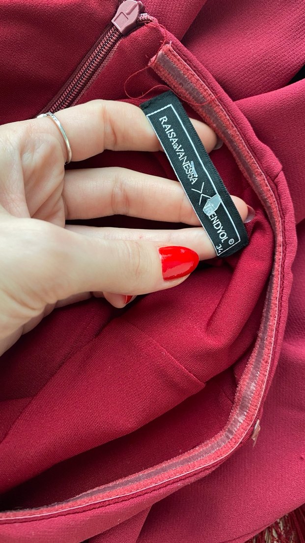 Bordo Deri Püsküllü Straplez Mini Elbise - Görsel 5