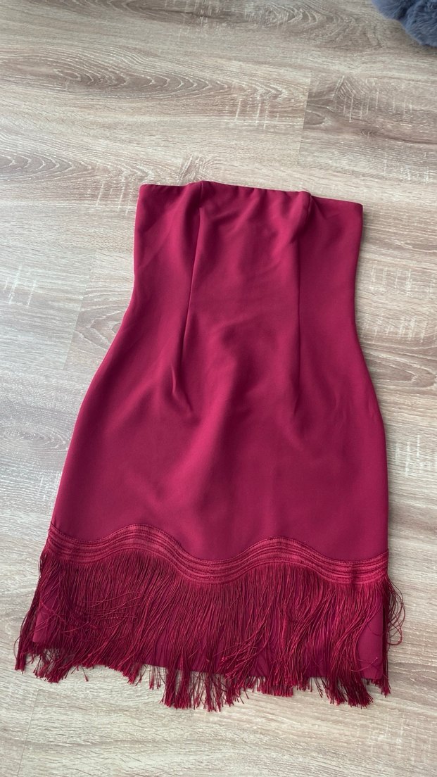 Bordo Deri Püsküllü Straplez Mini Elbise - Görsel 3