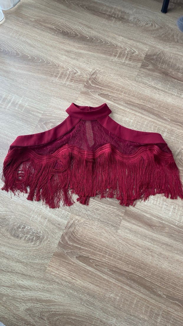 Bordo Deri Püsküllü Straplez Mini Elbise - Görsel 4