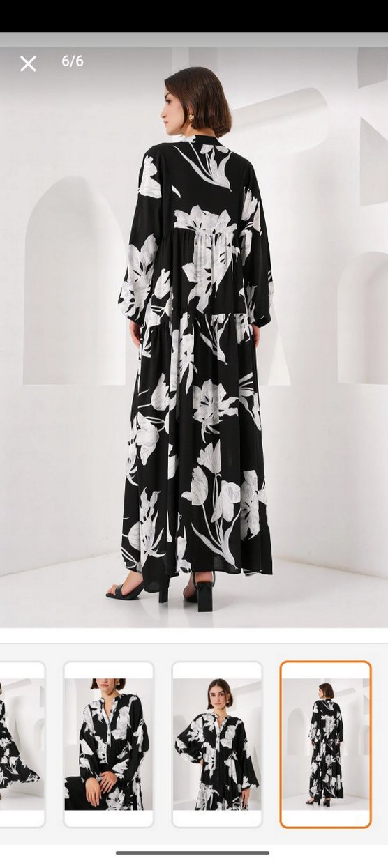 Siyah Beyaz Çiçekli Uzun Elbise - Görsel 3