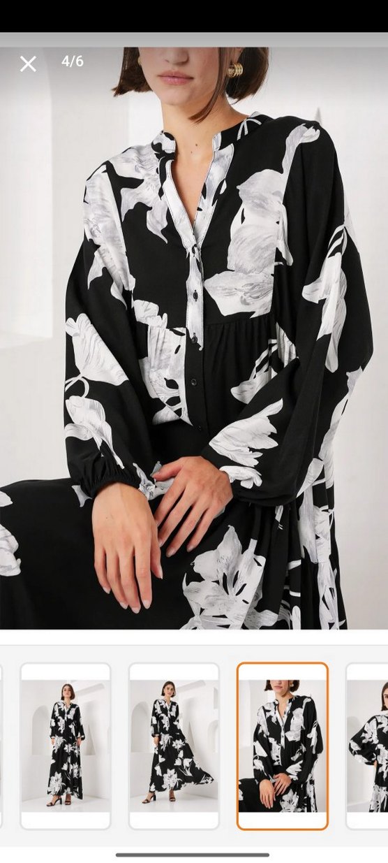 Siyah Beyaz Çiçekli Uzun Elbise - Görsel 2