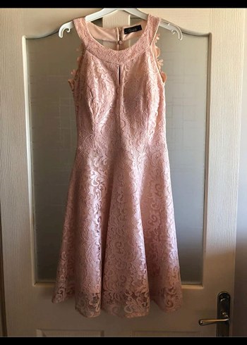 Bej Dantel İşlemeli Pudra renk Elbise - Görsel 4