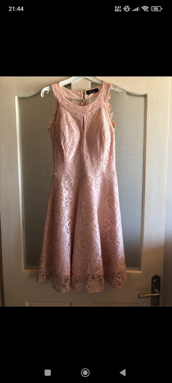 Bej Dantel İşlemeli Pudra renk Elbise - Görsel 4