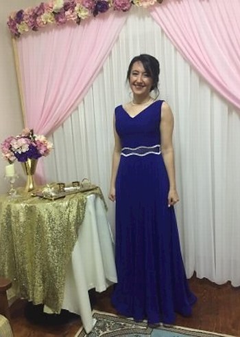 V yaka lacivert şifon uzun elbise - Görsel 4