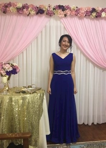 V yaka lacivert şifon uzun elbise - Görsel 2