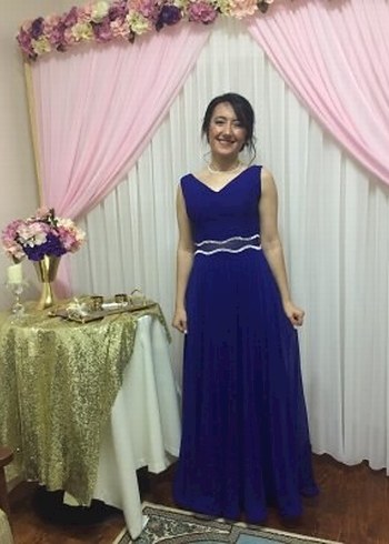 V yaka lacivert şifon uzun elbise - Görsel 3