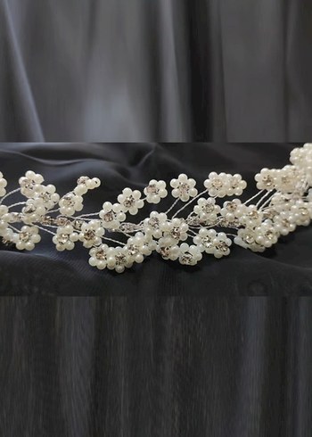 İnci Boncuklu Beyaz Örgü Saç Aksesuarı - Görsel 3