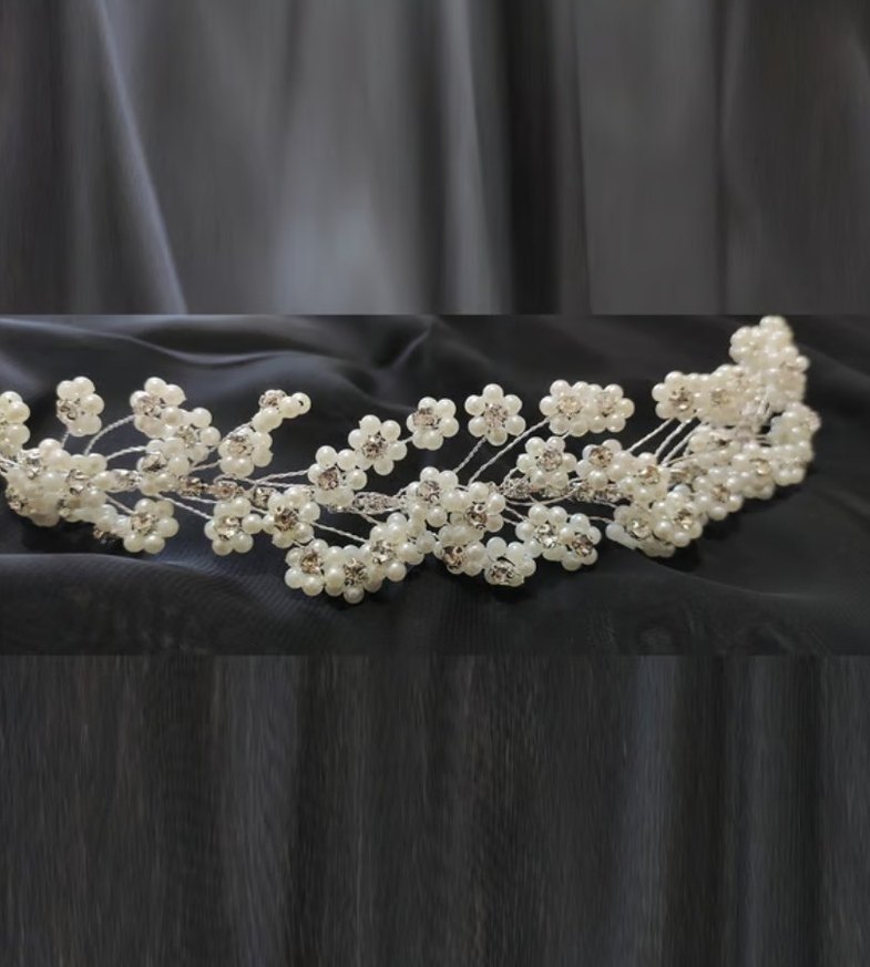 İnci Boncuklu Beyaz Örgü Saç Aksesuarı - Görsel 3