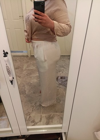 Beyaz Midi Keten Bol Kesim Kadın Pantolon