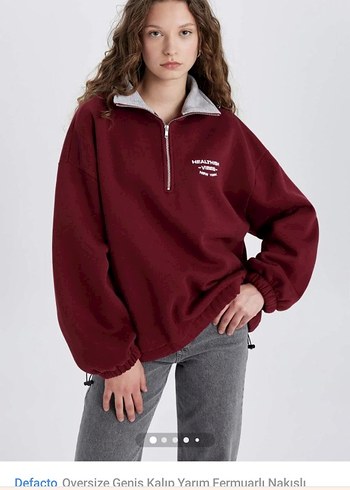 Defacto Oversize Yarım Fermuarlı Bordo Sweatshirt