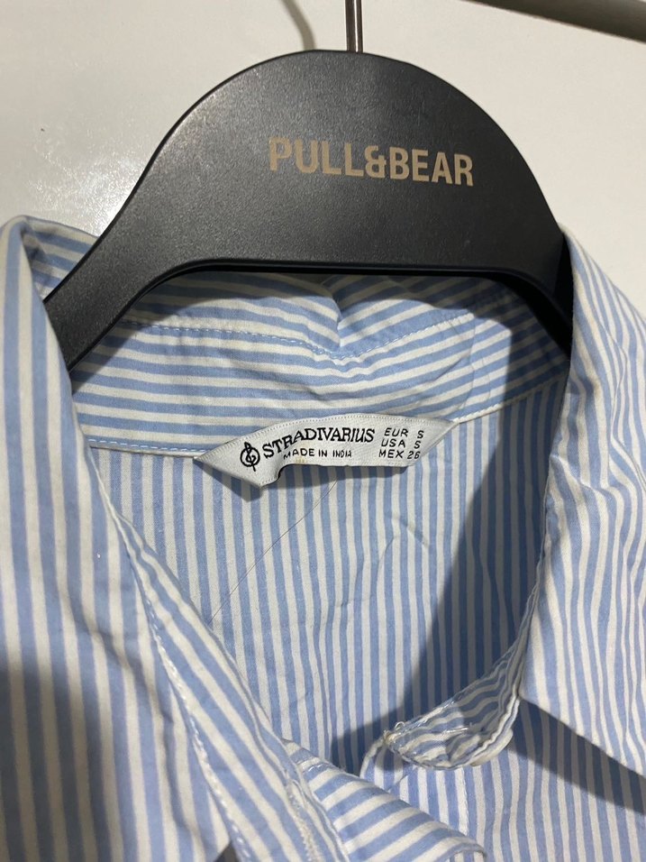 Düğmeli Çizgili Uzun Kollu Denim Gömlek - Görsel 3