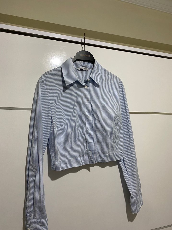 Düğmeli Çizgili Uzun Kollu Denim Gömlek - Görsel 2