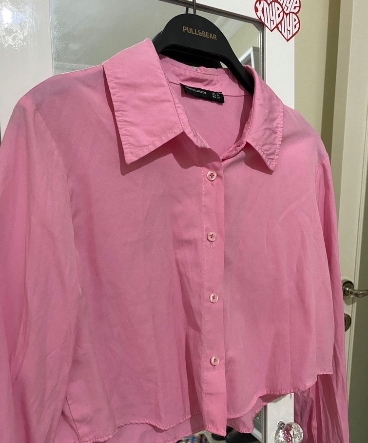 Pembe Düğmeli Keten Gömlek - Görsel 2