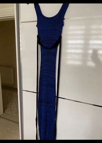 Lacivert Pilili Uzun Strappy Elbise - Görsel 2