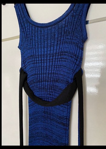 Lacivert Pilili Uzun Strappy Elbise - Görsel 3