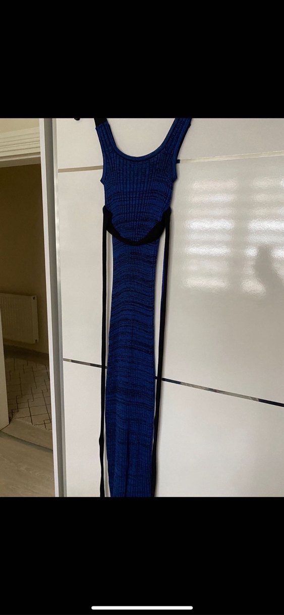 Lacivert Pilili Uzun Strappy Elbise - Görsel 2