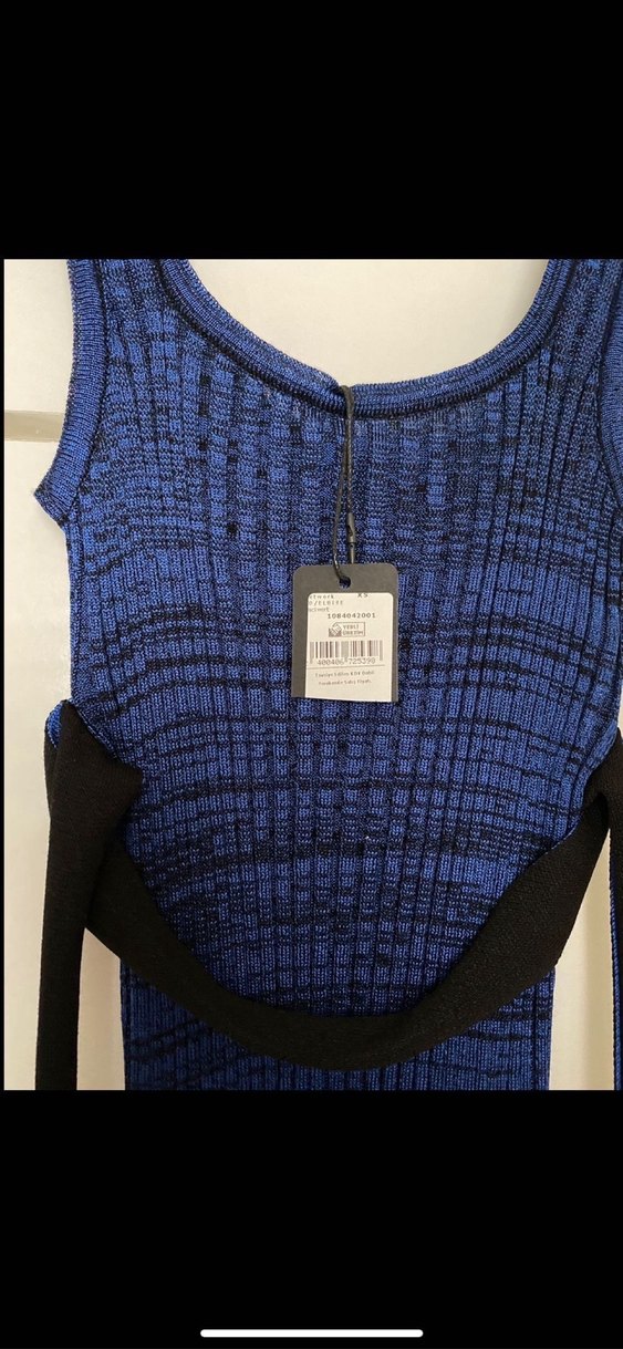 Lacivert Pilili Uzun Strappy Elbise - Görsel 4