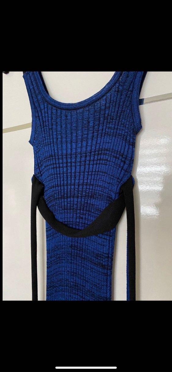 Lacivert Pilili Uzun Strappy Elbise - Görsel 3