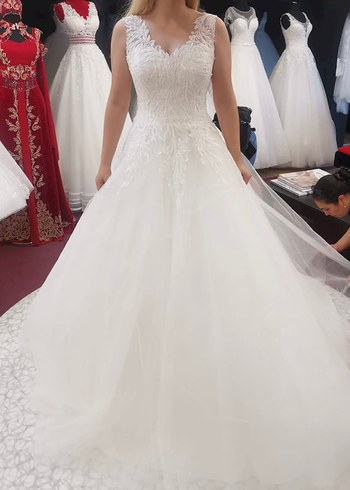 38 Beden beyaz Renk V Yakalı Strappy Midi Beyaz A Kesim Gelinlik