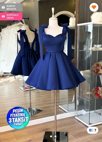 Lacivert Mini Saten Abiye Elbise - Görsel 2