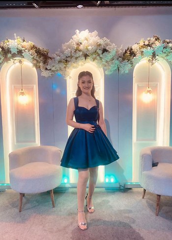 Lacivert Mini Saten Abiye Elbise - Görsel 3