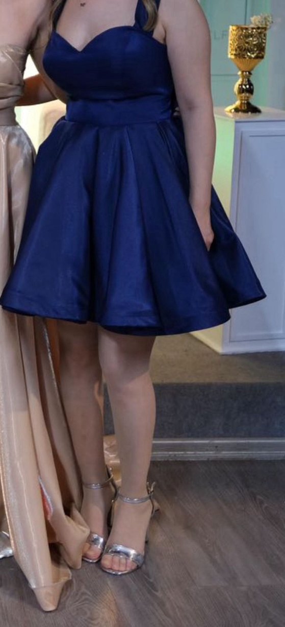 Lacivert Mini Saten Abiye Elbise - Görsel 4