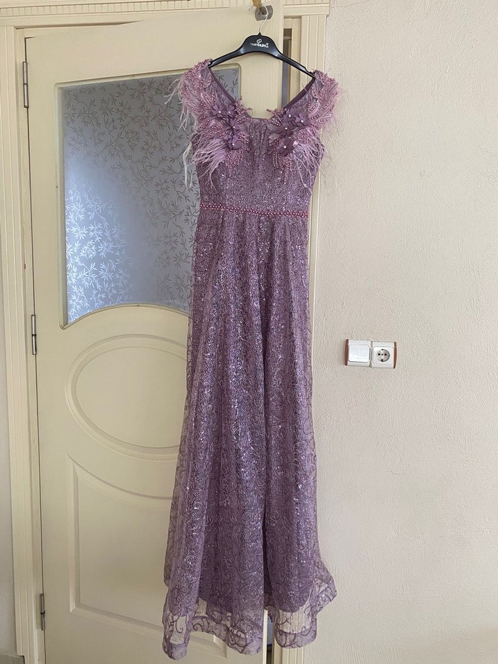 Mor Dantelli Uzun Abiye Elbise - Görsel 2