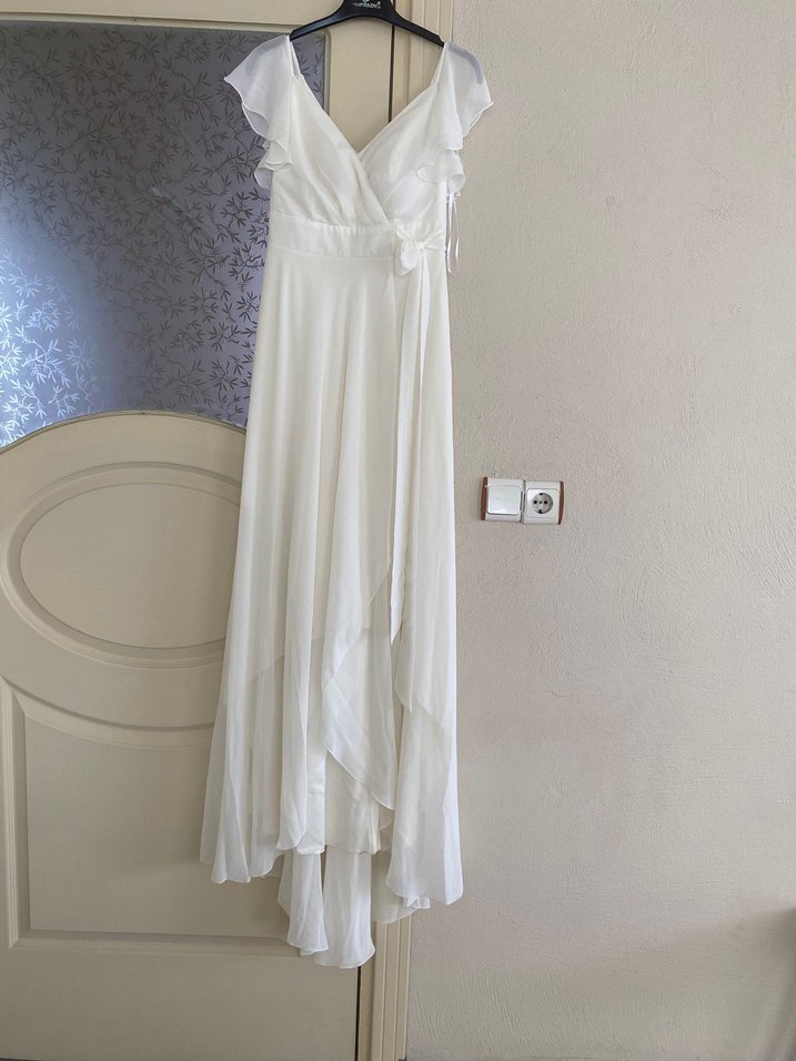 Beyaz V Yaka Uzun Salaş Kadın Abiye Elbise - Görsel 2