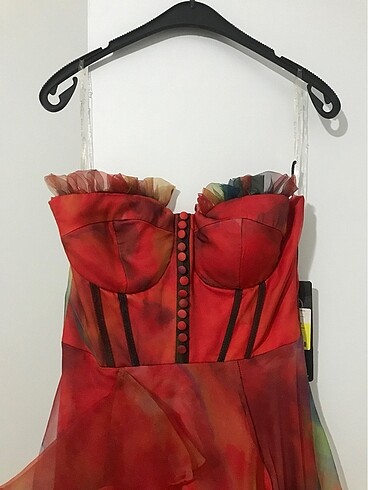 Ecrin collection 38/42 -turuncu kırmızı-straplez-organze-uzun-ab - Görsel 6