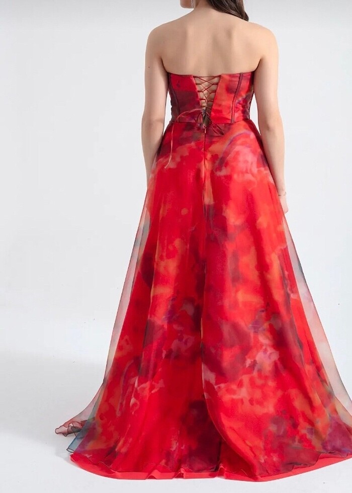 Ecrin collection 38/42 -turuncu kırmızı-straplez-organze-uzun-ab - Görsel 3