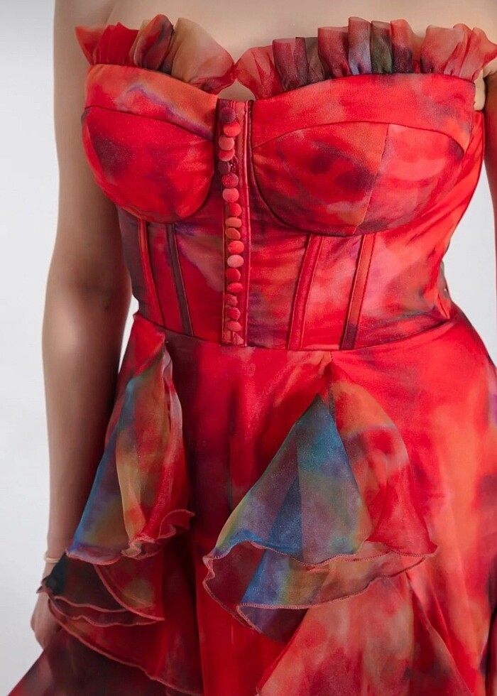 Ecrin collection 38/42 -turuncu kırmızı-straplez-organze-uzun-ab - Görsel 2