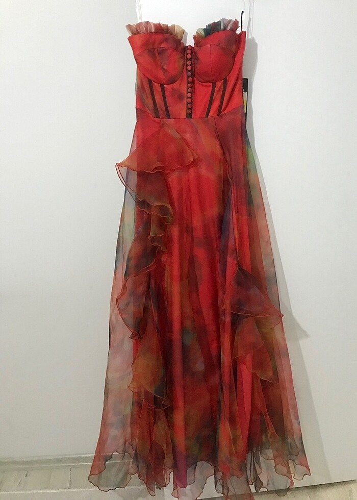 Ecrin collection 38/42 -turuncu kırmızı-straplez-organze-uzun-ab - Görsel 5