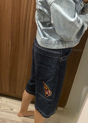 WNBA BERSHKAkadın Lacivert Çizgili Bol Kesim Denim Şort - Görsel 7