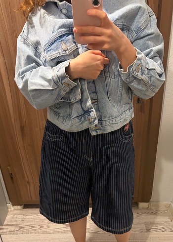 WNBA BERSHKAkadın Lacivert Çizgili Bol Kesim Denim Şort - Görsel 8