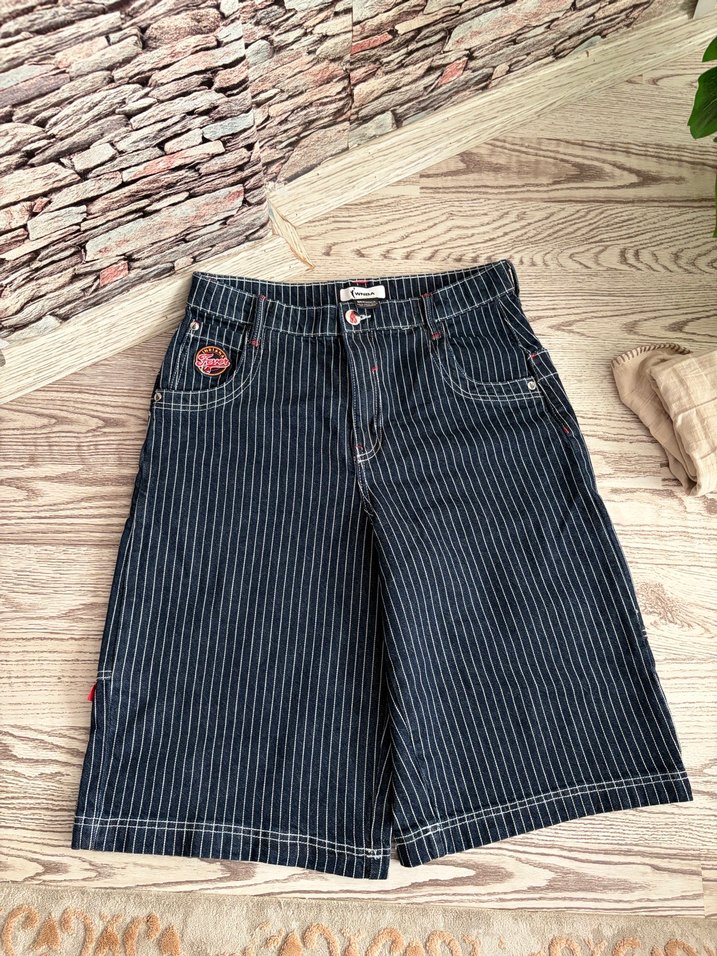 WNBA BERSHKAkadın Lacivert Çizgili Bol Kesim Denim Şort - Görsel 3