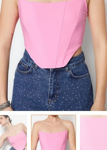 Pembe Straplez Mini Denim Büstiyer