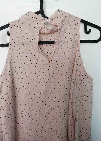 Bej Puantiyeli Kolsuz Rahat Bluz - Görsel 4