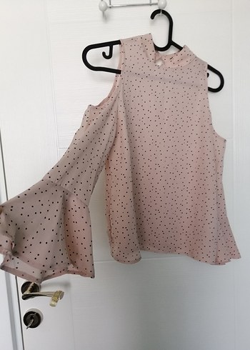 Bej Puantiyeli Kolsuz Rahat Bluz - Görsel 3