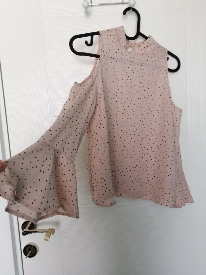 Bej Puantiyeli Kolsuz Rahat Bluz - Görsel 3