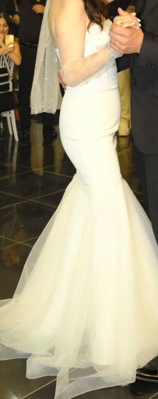 İnci İşlemeli Straplez Midi Beyaz Abiye - Görsel 4