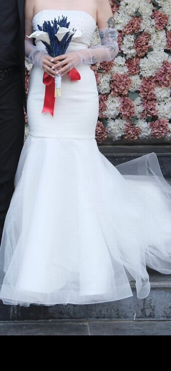 İnci İşlemeli Straplez Midi Beyaz Abiye - Görsel 2