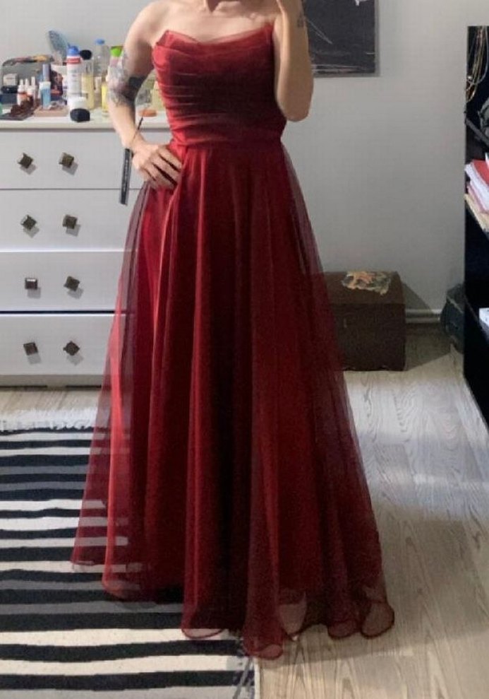 Bordo Drapeli Straplez Uzun Abiye Elbise - Görsel 3